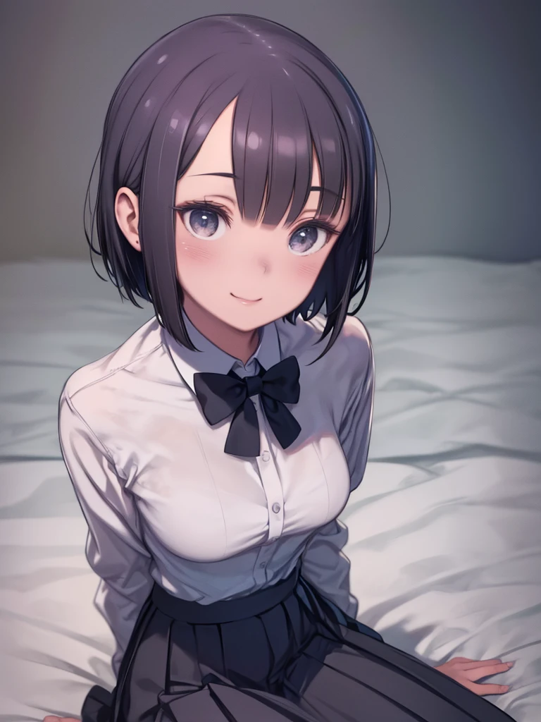 Garota com cabrlos pretos, encima de uma cama, sentada perto dos travesseiros, levantando seus peitos sem tirar a camisa segurando neles, looking at the camera, com cara de envergonhada, Shy posture, corada