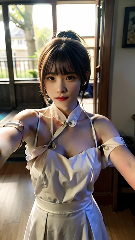 Cowboy shot, white skin、(Masterpiece: 1.4), (Best quality: 1.4), Beautiful girl, ((Nipples: 1.1)), Cute smile: 1.2, Teeth, ((Big breasts)), ((Model body type)), Japanese, 20 years old, cute face, standing figure, (cute smile: 1.2), (((bondage costume))), bondage, harness, O-ring, looking at the viewer、short hair、slender、hotel balcony、City night view、dinner、wine、Maid、(((Exposing her breasts)))、(((exposing nipples)))、