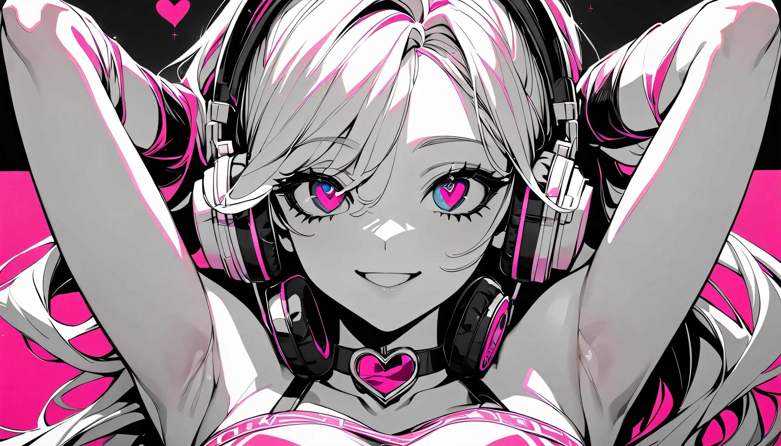 (highest quality:1.2, Very detailed, up to date, Vibrant, Ultra-high resolution, High Contrast, masterpiece:1.2, highest quality, Best aesthetics), Portraiture、girl、singer、Bright colors、Beautiful fine details、Beautiful lip detail、midium wave hair、red and white ((streaked hair:1.6)), highlights hair: 1.5, red eyes, slim body, middium breast, (tan skin:1.1), t-shirts and old jeans、loose fit, wearing headphone, vocal recording, (right hand holding mike stand:1), (Floral Fineline tattoo design on left arm:1), ((mike stand)), Powerful vocals、Rock star aura、recording studio, vocal recording booth:1