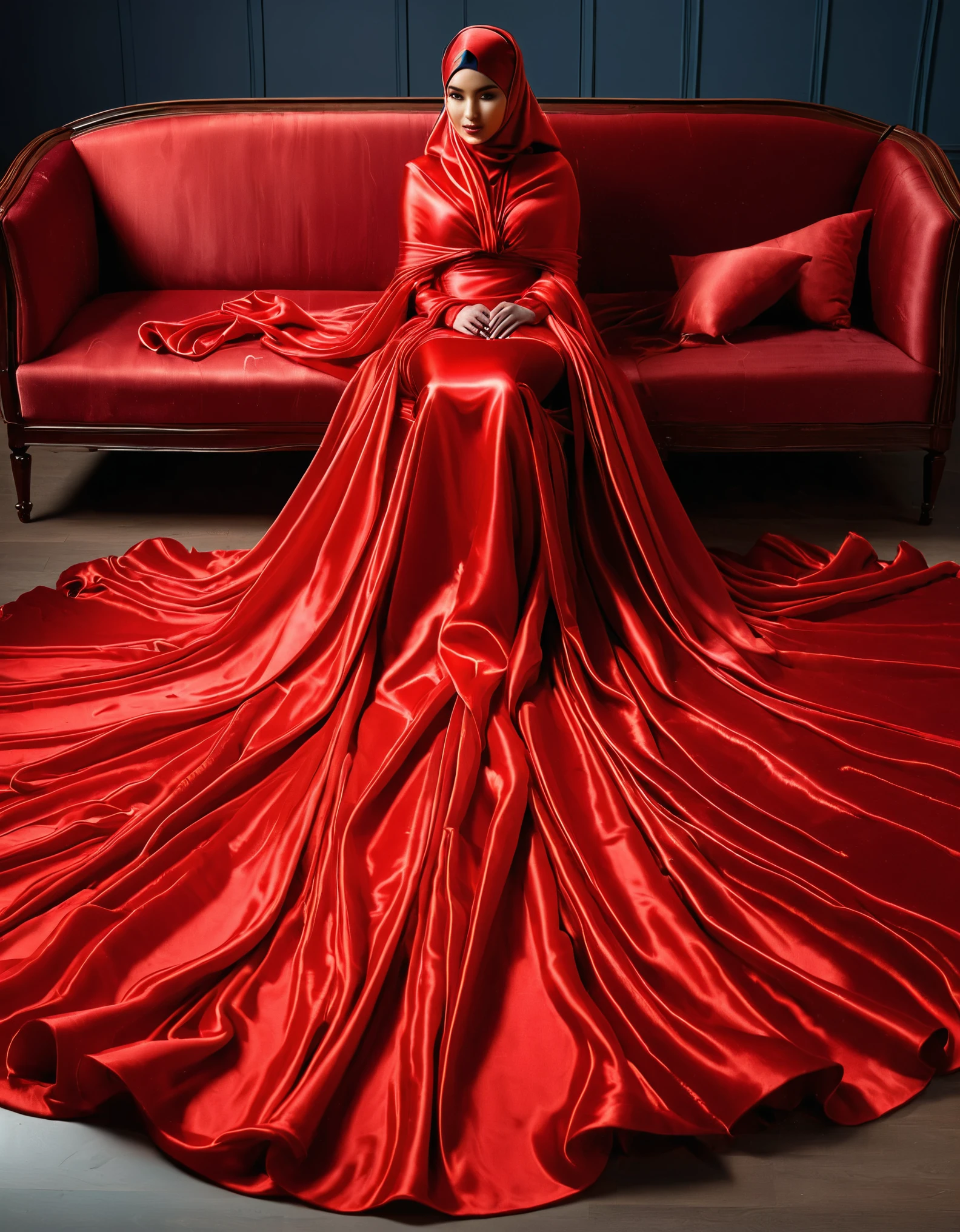 A woman shrouded in a 10-meter-long, plush red semi transparent satin shimmer cloth, tightly bound and grandly draping along the form of her body, poof style on the bottom outfit, flowing off into a pooled floor-length train, styled in a mermaid-inspired outfit, her head modestly veiled in a satin hijab, tall woman, sitting in talk show seat, a full-body pose conveying a sense of mysterious elegance, captured in a 4k resolution, ultra-realistic