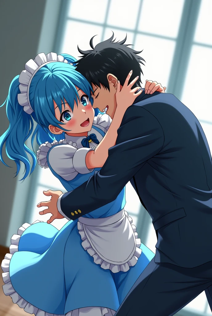 NSFW,masterpiece,Highest quality,High resolution,Super detailed,Star Town Suisei\(Hololive\),Blue Hair,One Side Ponytail,Blue Eyes,Small breasts,(High-quality see-through dress,silk),Estrus,smile,blush,(Sweat),Luxurious Room,Party Venue,chandelier,(Middle-aged men),A man puts his hands on her waist and hugs her,Having sex,Insert,Creampie,heart,From the side,Being spoiled