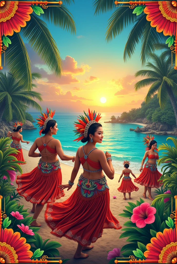 (best qualityer,4K,8K,high resolution,work of art:1.2),ultra detali,(realisitic,photorealisitic,photo-realisitic:1.37), Hawaiian robot party with cute beautiful girls and cute robots, Hawaii, swirly vibrant colors, tropical style, beach vibes, energetic atmosphere, lush vegetation, sparkling ocean, decorations, joyful celebration, dancing and laughter, bonfire on the beach, colorful drinks with umbrellas, Fireworks in the sky, ukulele music, traditional hula dance performance, Flower with, grass skirts, coconut bras, hawaiian shirts, cheerful girls wearing floral dresses, stylish beach fashion, flower crowns, twinkling lights, happy robot companions, robot DJs, dance floor full of happy people, hula hoops, Beach volleyball, Coconut Cocktails, palm trees swaying in the breeze, Hawaiian delicacies, smiling faces, golden sunset, festive atmosphere, Memories full of fun.