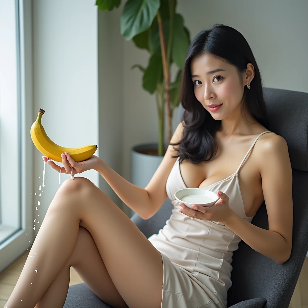 A girl with fries stuck to her naked body