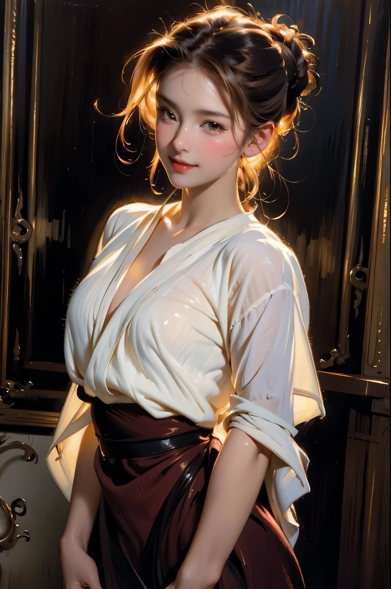 ((masterpiece:1.2)), ((Old western style oil painting)), (Highest quality, High resolution, Ultra-realistic live-action representation, Fine skin expression, Four fingers and a thumb:1.2,), Cinematic Lighting, shape, night, 1 girl, ((perfect cute face:1.2)), whole body, (full naked:1.2), (updo hair), ((Put your arms around your back:1.2)), Waiting for a kiss, Gazing at the viewer, gentle smile, blush,