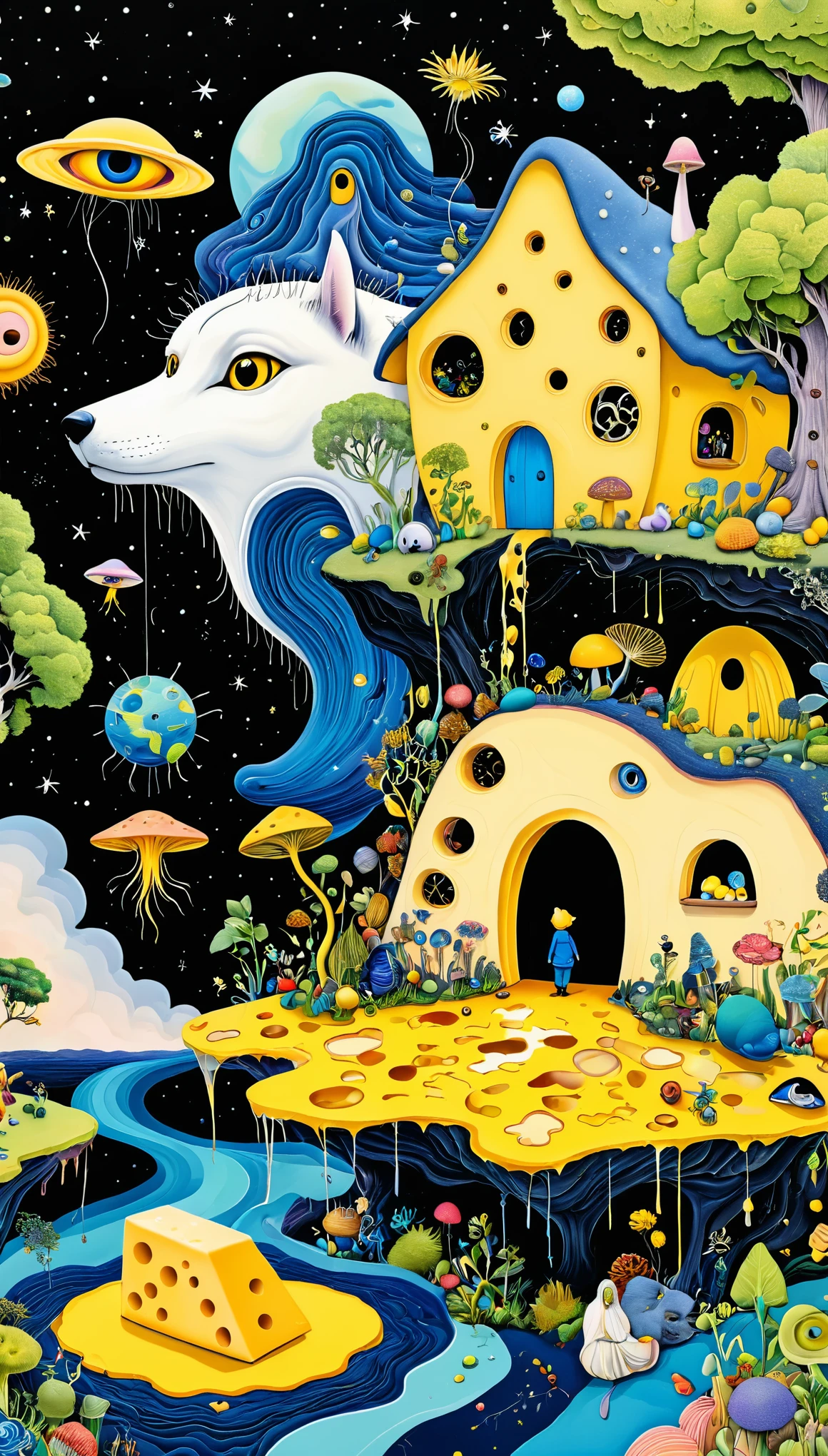 Intense visual fusion of various elements，broto，microorganism、plantar、Cheese house、Eye、wild animal life，Stitching an abstract painting，Describing the inner world of autistic people，Sense of space，blank space，interesting，innocence，psychedelic art，blue and yellow and black,3d