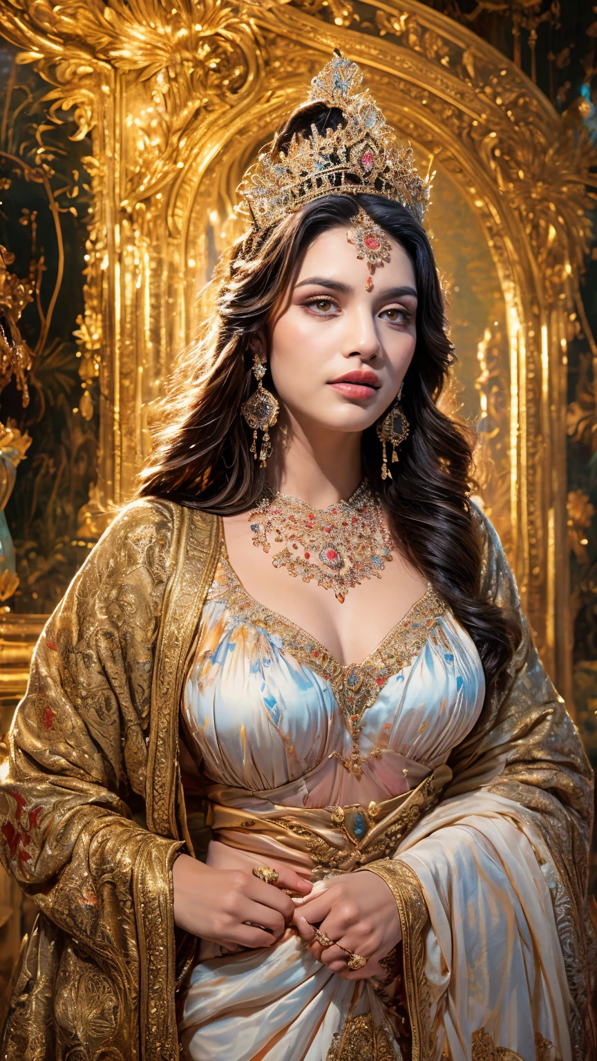 ((Best quality, 8k, Masterpiece :1.3)), Sharp focus :1.2, Generate a realistic image of a beautiful sexy Indian woman plus size body: 8.5 (masterpiece like a princess) (body like divine girl) dressed divine clothes white pink skirt and print bra, adorned with traditional ornaments, standing in a well-lit room with cinematic lighting. ((Front view, random elegant pose)), and there is a sense of grace and elegance in her posture. The background should complement the scene, enhancing the overall aesthetic appeal of the image. Photography by Brandon Woelfel, Full shot: Canon EF 16-35mm f/2.8L III USM lens on a Canon EOS 9D Mark IV camera 128bit, ultra realistic, 32k, HD