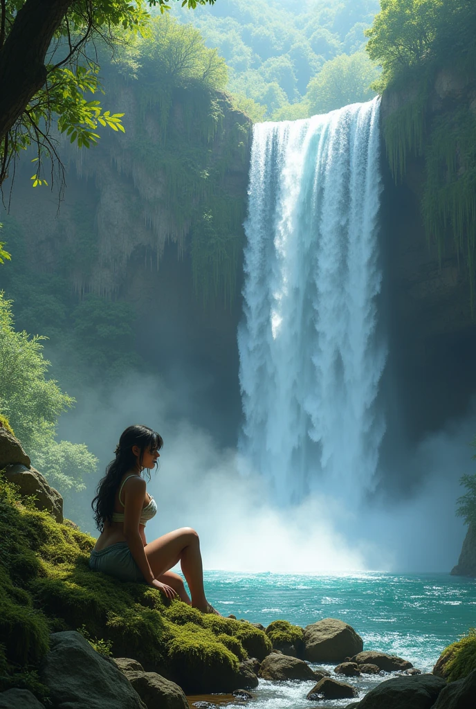 In the dense forest at the base of a big tree, there was a naked young woman bathing in a waterfall.