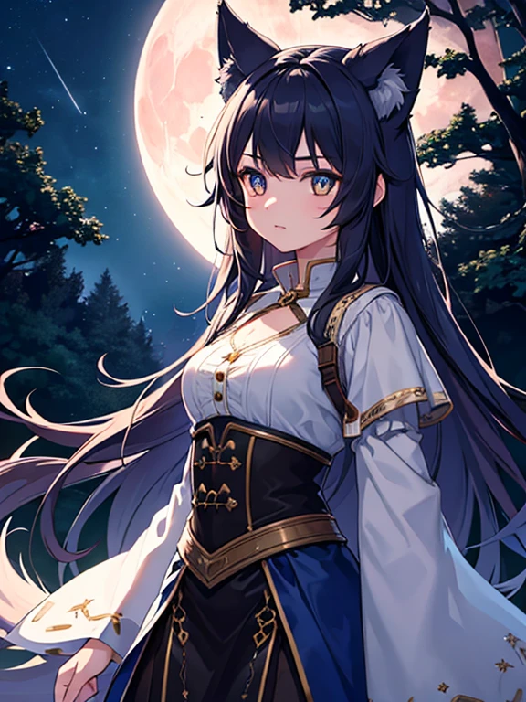 1 girl, cute, wolf eyes, bark at the moon, blue moon, full moon, starry sky, forest, cowboy shot, detailed facial features, long hair, beautiful eyes, detailed clothes, beautiful lighting, dramatic lighting, highly detailed, fantasy, magical, cinematic, vibrant colors, warm color palette, dramatic atmosphere, digital painting, concept art, 8k, high resolution