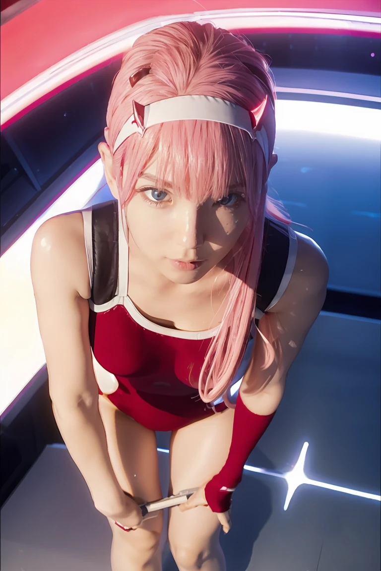 (Overhead view),dynamic angle,ultra-detailed, illustration, straight on, 1girl, ((Zero two, interface headband with a pair of horns, red bodysuit:1.4, pink hair)), Her eyes shone like dreamy stars,(glowing eyes:1.233),(beautiful and detailed eyes:1.1),(expressionless, closed mouth),(standing), (mechanic room with tools and spaceship window in a white SPACESHIP), (night:1.2), dreamy, [[delicate fingers and hands:0.55]::0.85],(detail fingers),