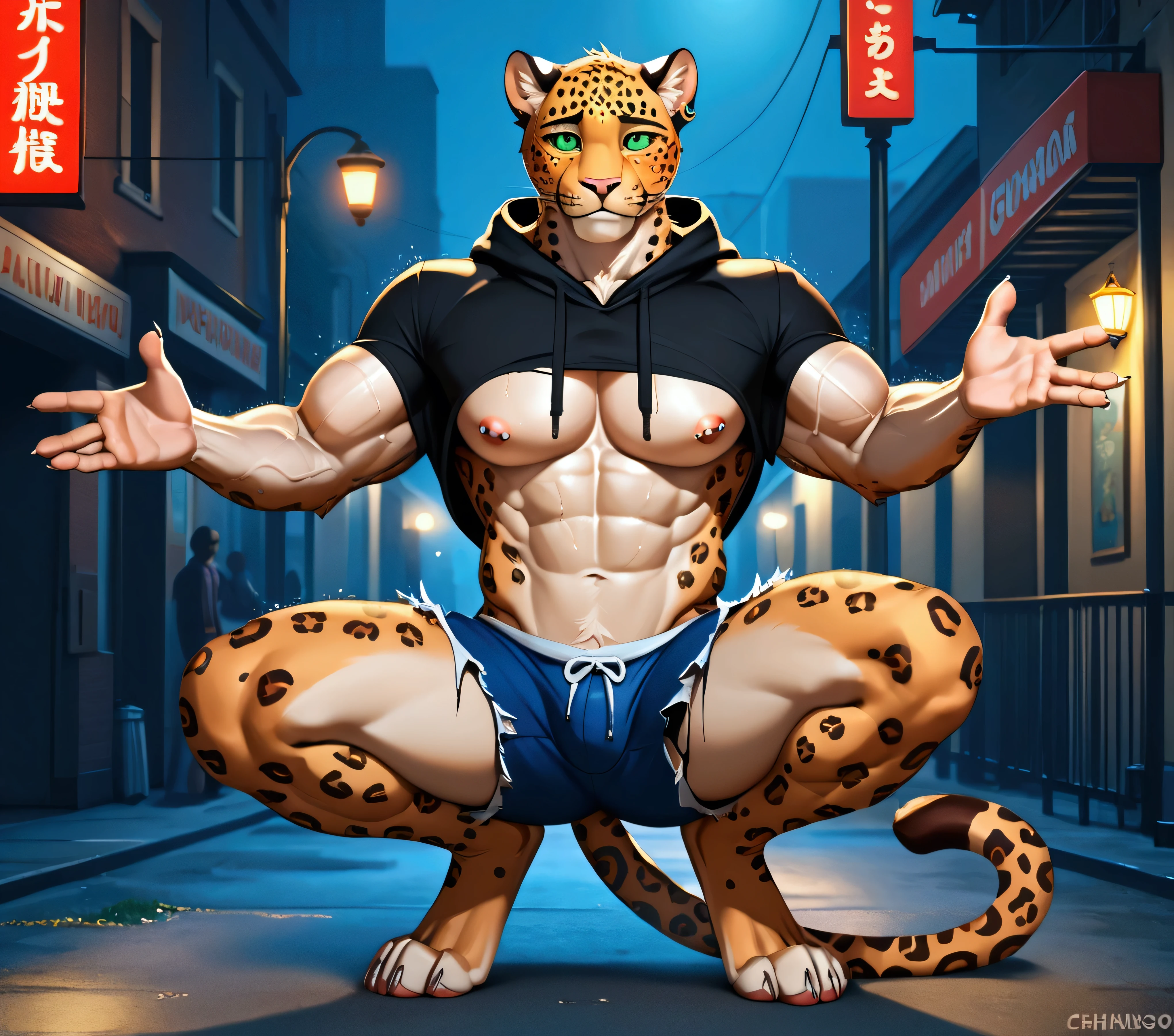 Male cheetah, anthropomorphic, medium height, athletic build, naked, purple eyes, purple hair, hands on hips, penis dripping, in shower, bathroom background