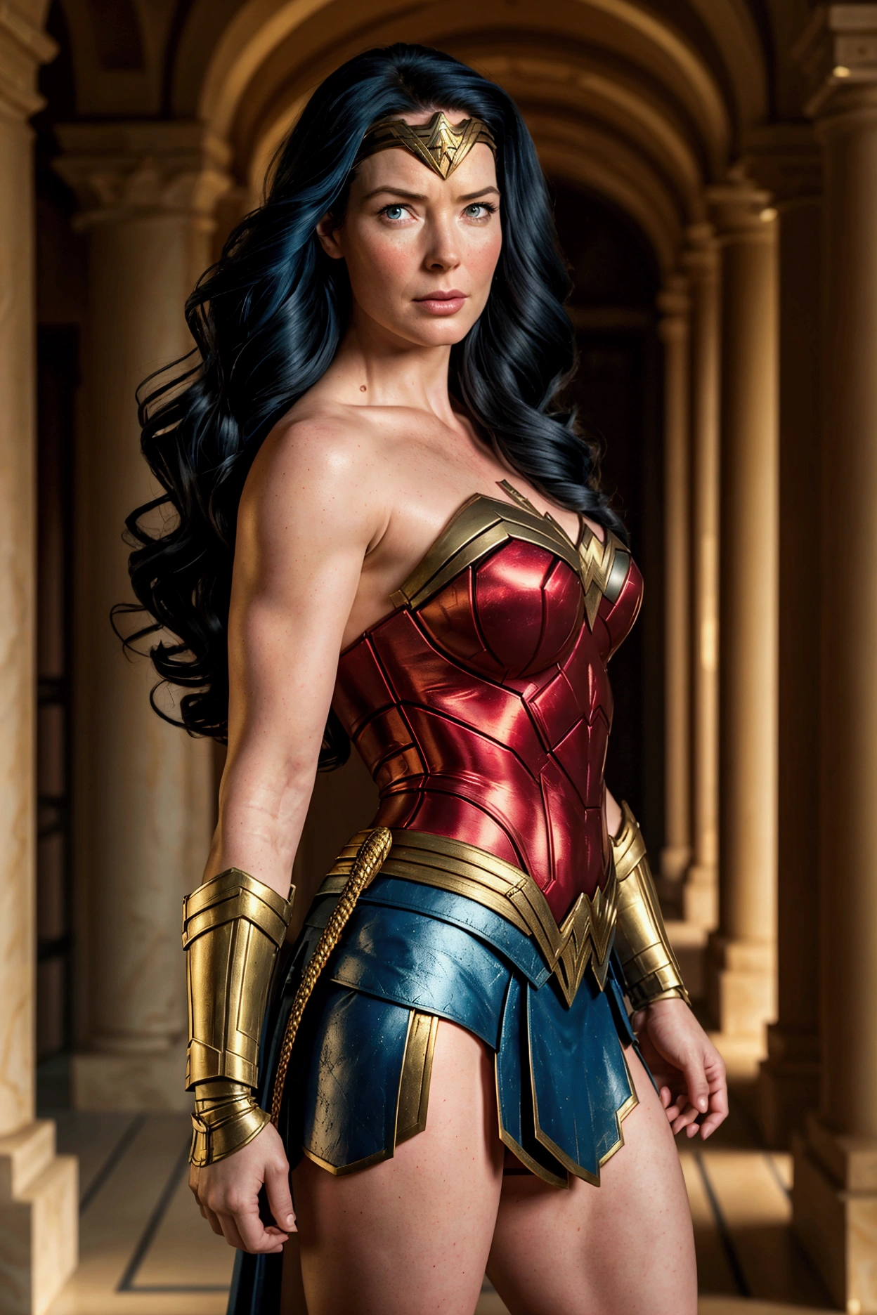 ACTRESS BRIDGET REGAN AS A BEAUTIFUL BOMBSHELL WONDER WOMAN (( DC COMICS)), HUGE LONG BLACK HAIR, HIGH CHEEKBONES, ROSY CHEEKS, EYES LOOKING TO CAMERA, LOOKING TO VIEWERS, SERIOUS FACE EXPRESSION, NORSE FEMALE BEAUTY, PALE SKIN, TRADITIONAL BLUE RED COSTUME, EXPOSED GORGEOUS SWEATY THIGHS, FLAT BOOTS, GOLDEN GAUNTLETS, GOLTEN BRACELETS, GOLDEN TIARA, BULK ATHLETIC FEMALE BODY, MUSCLES, DETAILED QUADRICEPS, BALANCED LIGHTS ON FACE, MITHOLOGY, DAYLIGHTS, CLASSIC GREEK PALACE CENARY, SIDE BODY VIEW, SIDE BODY PERSPECTIVE, MIDDLE SHOT ANGLE, MASTERPIECE , HIGH DETAILED IMAGE, 8K
