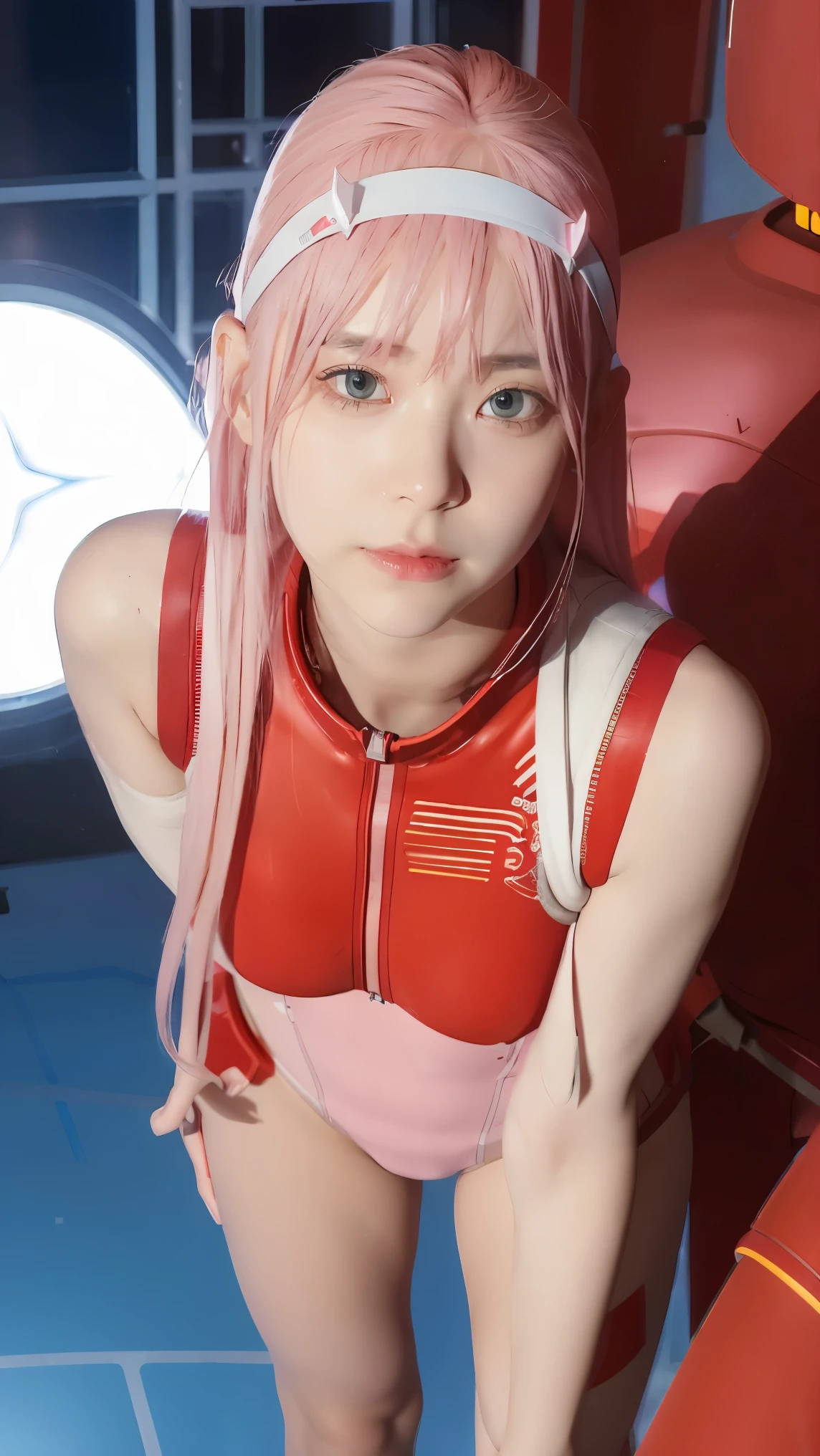 (Overhead view),dynamic angle,ultra-detailed, illustration, straight on, 1girl, ((Zero two, interface headband with a pair of horns, red bodysuit:1.4, pink hair)), Her eyes shone like dreamy stars,(glowing eyes:1.233),(beautiful and detailed eyes:1.1),(expressionless, closed mouth),(standing), (mechanic room with tools and spaceship window in a white SPACESHIP), (night:1.2), dreamy, [[delicate fingers and hands:0.55]::0.85],(detail fingers),