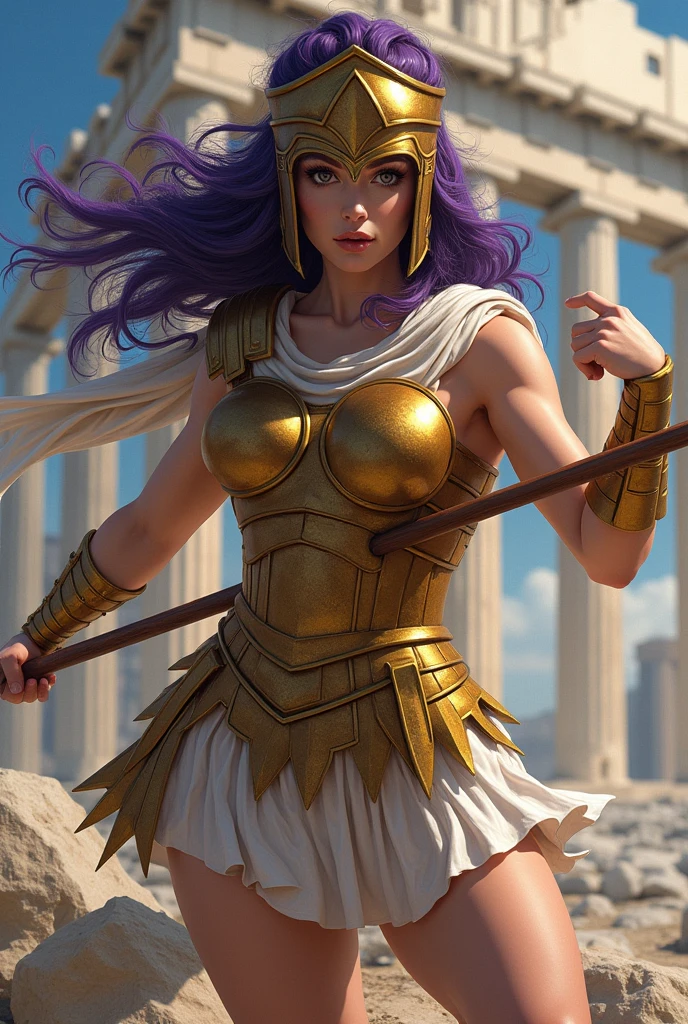 (best quality,4k,8k,highres,masterpiece:1.2),ultra-detailed, 1woman, Greek goddess Athena, purple hair, wearing golden hoplite armor with helmet, attacking pose, wielding a spear, looking at the viewer, wise, impressive, seductive eyes, in front of the Parthenon, drawn in the style of Yoshitaka Amano, HDR, 8k, absurdres, cinestill 800, photo realistic, sharp focus