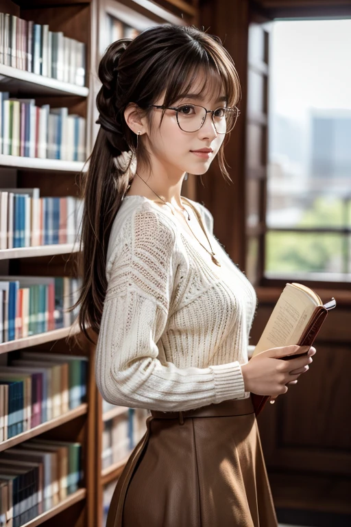 (8k, RAW photo, best quality, masterpiece), (photo realistic), outstanding details, ultra-high resolution, anatomically correct, textured skin, (Extremely precise and accurate anatomy),
Ultra Detailed Face, Detailed Eyes, 

A cute Japanese girl, 26yeras old, Carrying a few books in the library, 

(looking at viewer), 
(fearless smile:0.1),  Mouth slightly open,
(lower chignon:1.4), glasses, 

white simple summer sweater, BREAK,
dark brown hair, Forehead, BREAK,
simple silky flared skirt, Light brown skirt, Midi length skirt, 
Earrings, Necklace, 

(background Spacious library interior, many bookshelves), 
(backlighting), 
reflection light from below, 
atmospheric perspective, depth of field, 
(dramatic lighting), cinematic lighting, 