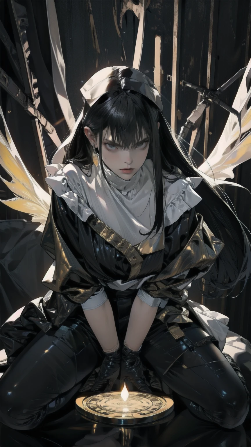 Mysterious fantasy concept art, girl in black and Gold Armor, Gold Tiara, Gold Armor, Has a golden sword, Low Wing, Wings on the head, Multiple Wings, Winged Helmet, Glowing Sword, Glowing Rune, Conceit, Glowing Eyes, Yellow Eyes, The pupils constrict, Glowing eyes, tsurime, I parted my lips, magic circle, glory, glory light, glory light \(arms\), Lighting, Swirling lights are shining, gem, blue gemstone, with a dynamic and Magical background, Looking down, masterpiece, Best Quality, grow, Celestial, Mysterious, Picturesque, amazing, Majestic, Magical, Fantasy art, Cover art, Dreamy, Multilayer Texture, High resolution, High Dynamic Range, Maximum clarity and sharpness, Multilayer Texture, 