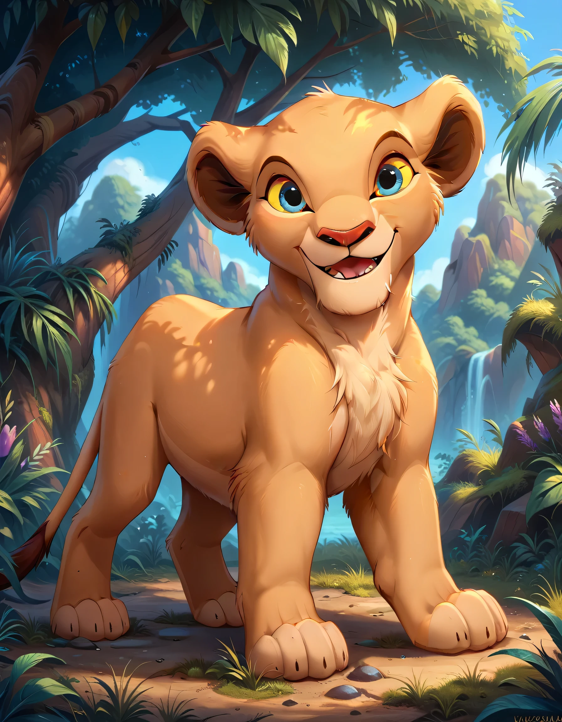 score_9, score_8_up, score_7_up, score_6_up, rating_safe, source_furry,  yngnaa, solo,  disney, (the lion king:1.2), lioness, (young nala), nala, feral, cartoon, smile, parted lips, blue eyes, yellow sclera, standing, solo, cute, feral, (4 toes), paws, (blue eyes:1.2), (lidded eyes:1.0), cub, (smile:0.3), open mouth, fang, white teeth, playful, looking at viewer, (dewclaw:0.5),, bedroom eyes, raised tail, solo