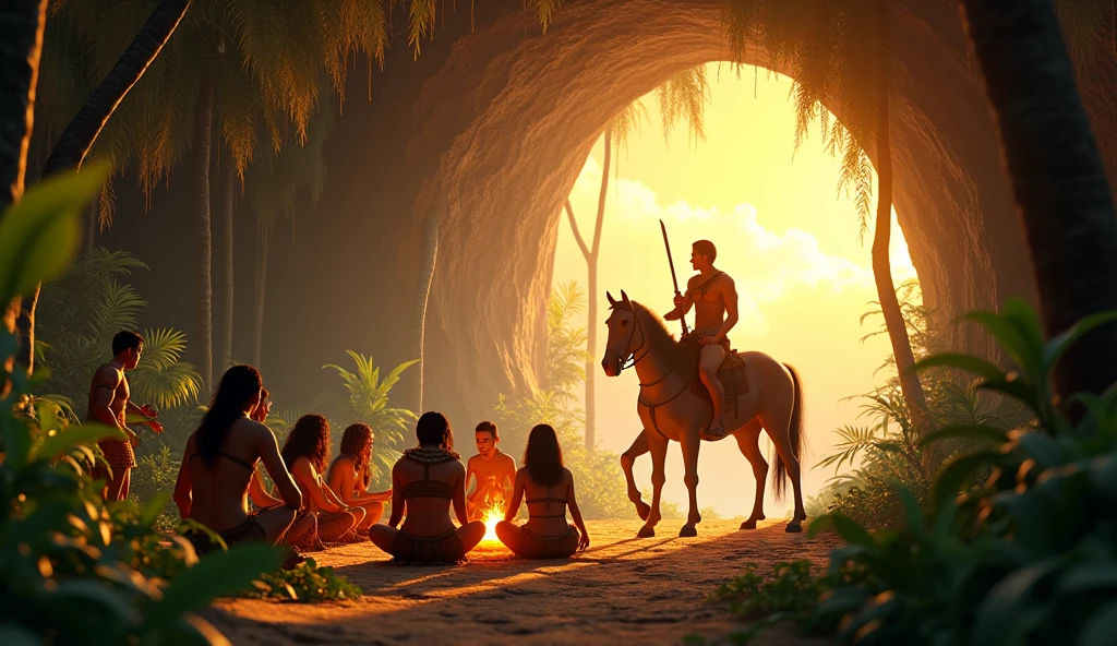 create an illustration of a prehistoric setting, where people lived in caves, wore clothes made from animal skins and hunted to get food, this image should be cute in the pixar style for a children's storybook, with people playing primitive drums