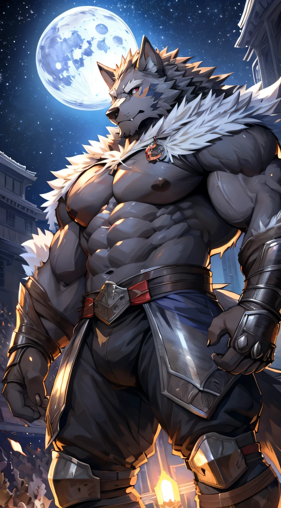 Solitary,Masterpiece high quality,(Delicate eyes),毛茸茸的公wolf,((wolf)),Huge muscles,Huge body,Looking at the audience,Japanese cartoons,Viewers,Show muscles,((warrior)),night,moon,Growth,(author:null-ghost),Pino Deheny