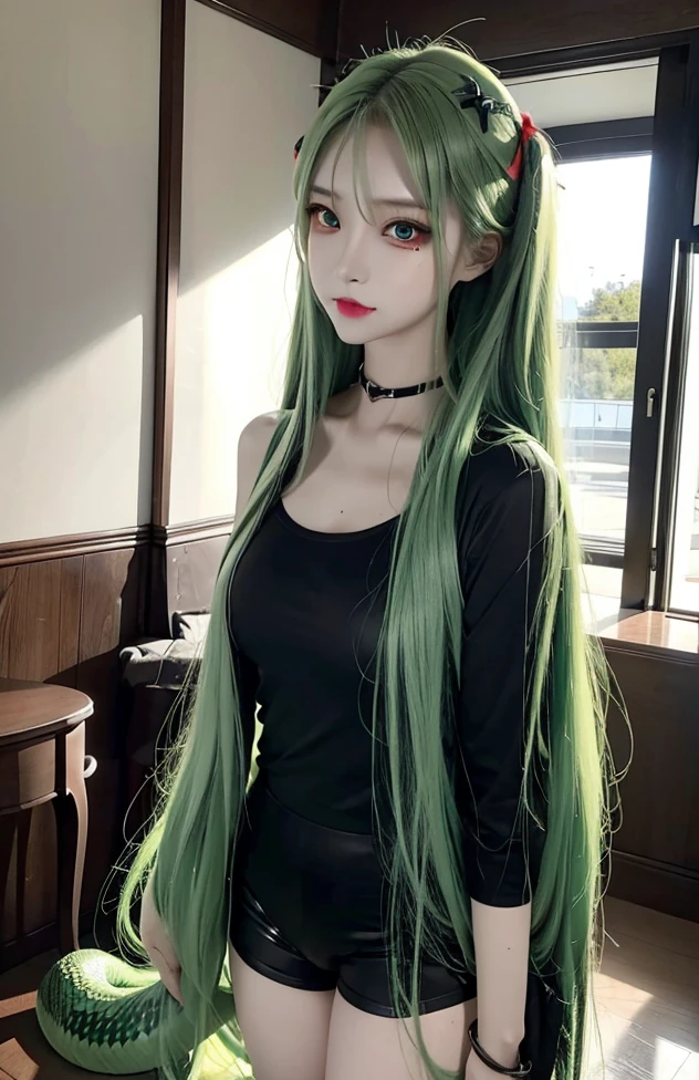 anime with green hair and black dress, an anime drawing by Shitao, pixiv, Fantasyart, highest rated on pixiv, no pixiv, tatsumaki from one punch man, Cute anime girl,Jack-o's challenge pose', curving, seductive anime girl, the anime girl is squatting, tatsumaki
