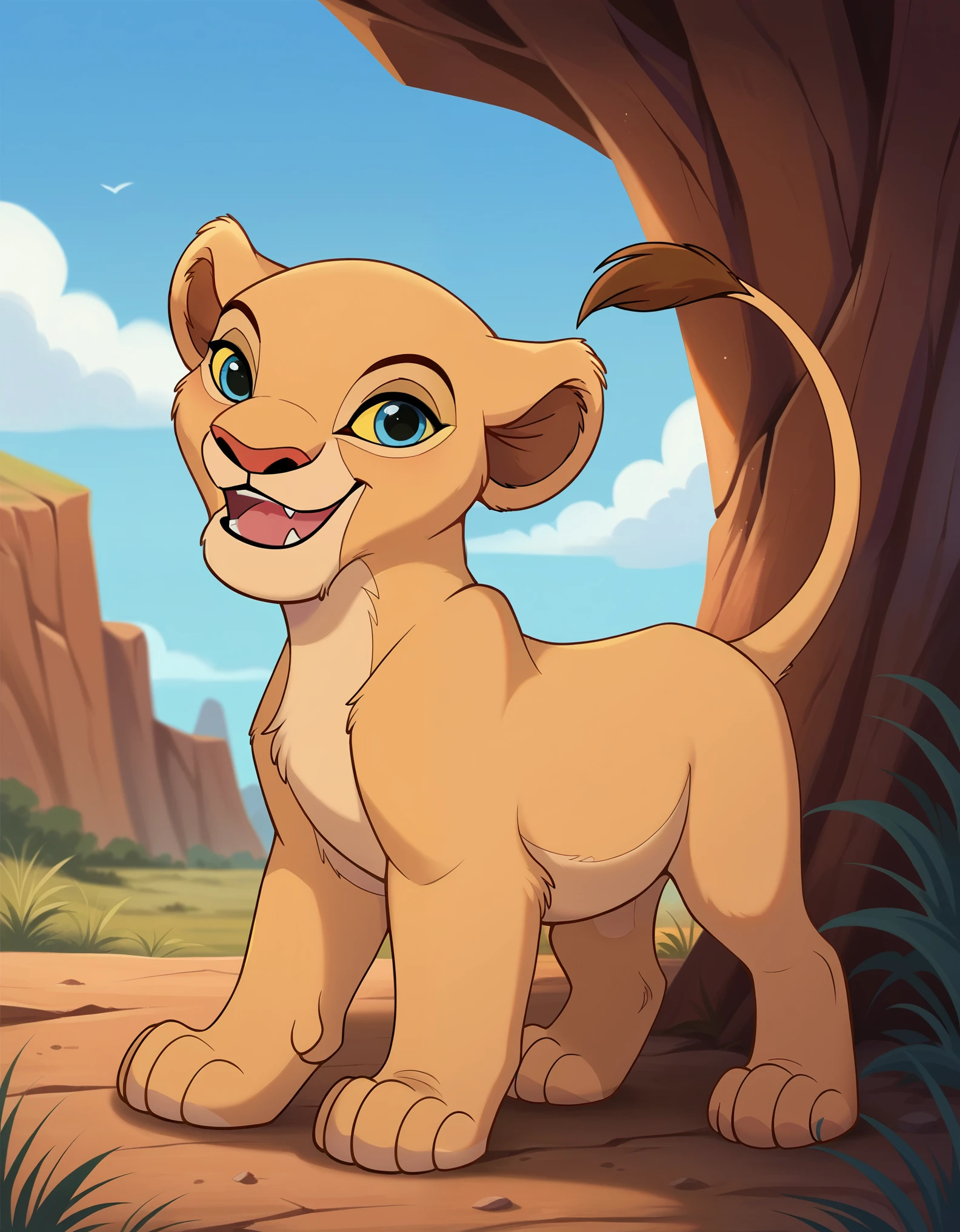 score_9, score_8_up, score_7_up,  rating_safe, source_furry,  yngnaa, solo,  disney, the lion king, lioness, young nala, nala, feral, cartoon, smile, parted lips, blue eyes, yellow sclera, standing, solo, cute, feral, 4 toes, paws, blue eyes, lidded eyes, cub, smile, open mouth, fang, white teeth, playful, looking at viewer, dewclaw,, bedroom eyes, raised tail, solo