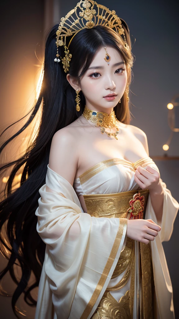 I saw this girl wearing a white robe。Wrap the whole body,The hem of this robe is also trimmed with gold threads。holding a black。Wooden scepter,The whole body shines。