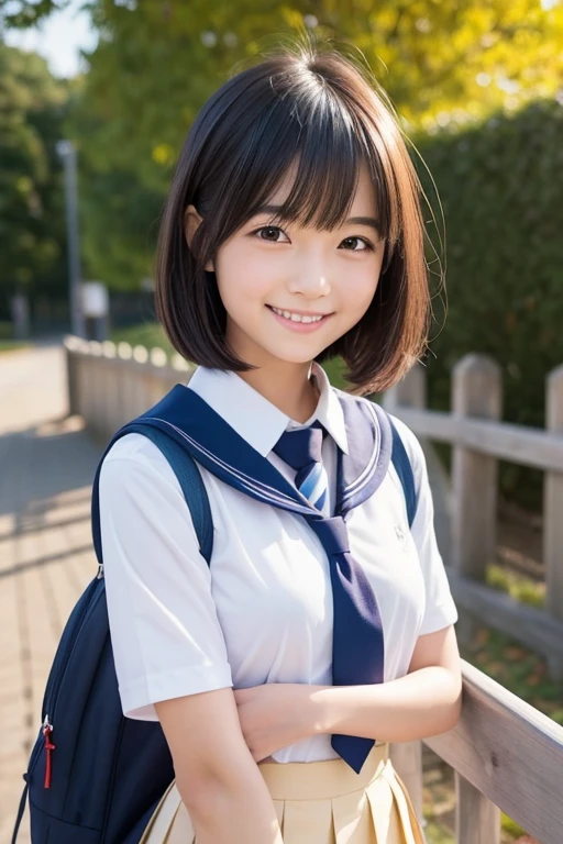 Prompt:

"Generate a realistic digital illustration of a cheerful Japanese high school girl in a traditional school uniform. She has a bob haircut and is wearing a sailor-style uniform with a navy blue pleated skirt and a white top. The uniform features a red necktie and a school emblem on her . She is standing outdoors by a wooden fence, smiling warmly and looking slightly up at the viewer, giving off a friendly and approachable vibe. The setting is bright and casual, capturing the innocence and energy of school life."