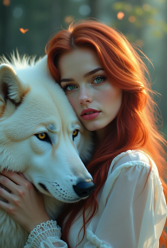 a dark fantasy styled raw photograph of a sexy, 30yo, irish ranger  woman, [ginger:02], [tiny faded freckles:03], (grungy: 1.1), [light blue eyes:0.3], large breasts, dark fantasy style,  | and her (huge magical white wolf), d&d style dark fantasy art. subtle red amber nebula sky in the distance, ornate metals, soft hair, looking into the camera, gold and silver ring, vivid color and contrast. [copper glitter falls in the background]. dainty, (lucky charm bracelet: 1.1), magical, enchanting, dark fantasy.