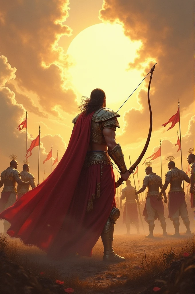 One man lord karna with great body and height on a charriot riding a horse and he is middle of the war in his hands he has a broken Bow is there 