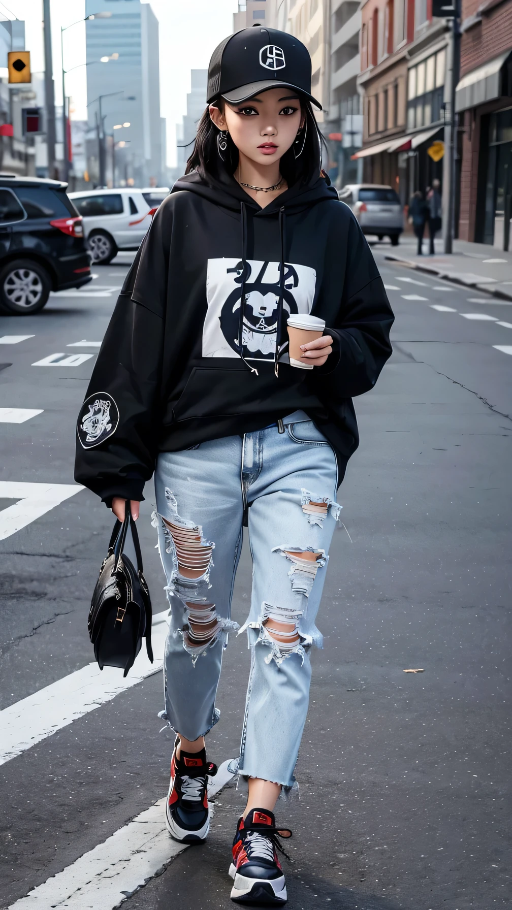 A very optimistic 16 year old boy, he has a yellow sweatshirt with a print of a wolf skull, he has jeans and sneakers, his hair is a little long and straight and black, he always has to be smiling