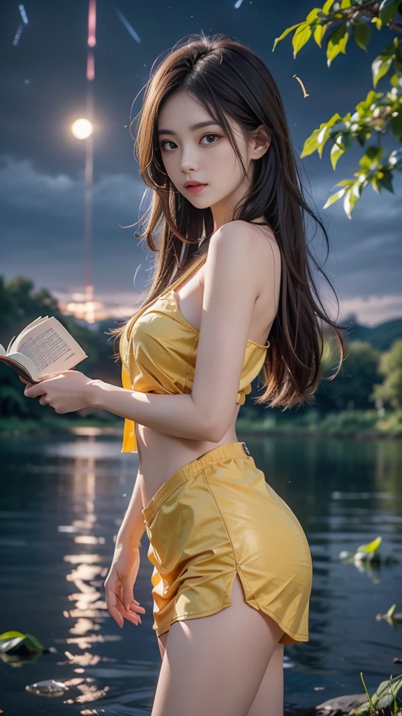 ulzzang-6500-v1.1, (RAW photo: 1.2), (Real photo), (Real photo: 1.4), 1 girl、Perfect anatomy、The girl stood by the lake, yellow leaves falling all around her. In one hand she held an unopened book, the other hand placed beside her, her eyes staring at the reflection of the water, Medium length hair、beside a vast lake in the middle of a wild forest, ((under the night sky with stars: 1.1))、 (Business service)、Asian eyes Ella,