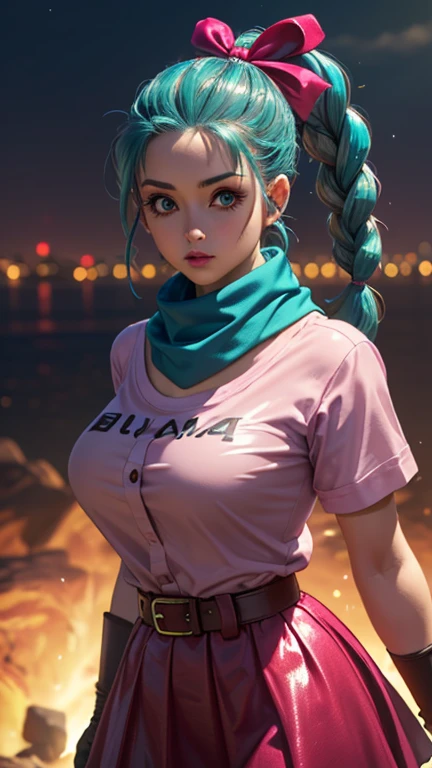 (ultra realistic,32k,RAW photo:1.1),(high detailed skin:1.1), 8k uhd, dslr, high quality, film grain, (makeup, mascara:1.1), lips,(thick\lips\), 
(shiny glossy translucent clothing:1.1), <lora:bulma_9:0.7>dragon ball, blmpony, aqua hair, hair ribbon, braided ponytail, pink shirt, belt, scarf, pink skirt, clothes writing, brown gloves,, <lora:add_detail:0.89>, huge breast, 
(looking at viewer, standing from above:1.1),, 
 (busty:1.1) ,  (chubby:0.1),(neon light:1.1),<lora:LowRA:0.4>, dark theme, hyperloop transport system, high-speed transportation, vacuum tubes, efficient travel networks