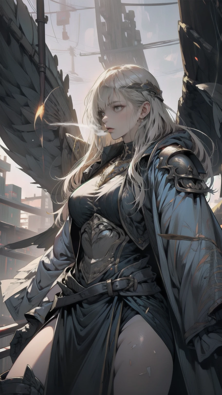 Mysterious fantasy concept art, girl in black and Gold Armor, Gold Tiara, Gold Armor, Has a golden sword, Low Wing, Wings on the head, Multiple Wings, Winged Helmet, Glowing Sword, Glowing Rune, Conceit, Glowing Eyes, Good eyes, The pupils constrict, glowing Good eyes, tsurime, I parted my lips, magic circle, glory, glory light, glory light \(arms\), Lighting, Swirling lights are shining, gem, blue gemstone, with a dynamic and Magical background, Looking down, masterpiece, Best Quality, grow, Celestial, Mysterious, Picturesque, amazing, Majestic, Magical, Fantasy art, Cover art, Dreamy, Multilayer Texture, High resolution, High Dynamic Range, Maximum clarity and sharpness, Multilayer Texture, 