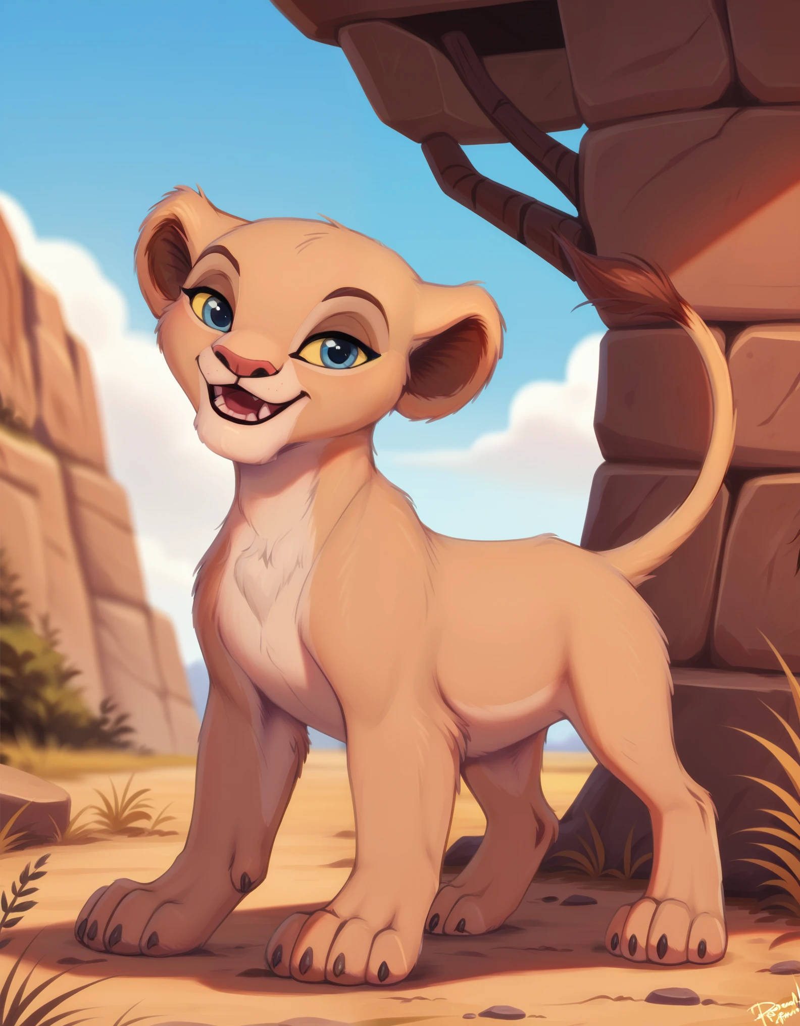 score_9, score_8_up, score_7_up,  rating_safe, source_furry,  yngnaa, solo,  disney, the lion king, lioness, young nala, nala, feral, cartoon, smile, parted lips, blue eyes, yellow sclera, standing, solo, cute, feral, 4 toes, paws, blue eyes, lidded eyes, cub, smile, open mouth, fang, white teeth, playful, looking at viewer, dewclaw,, bedroom eyes, raised tail,  PersonalAmi