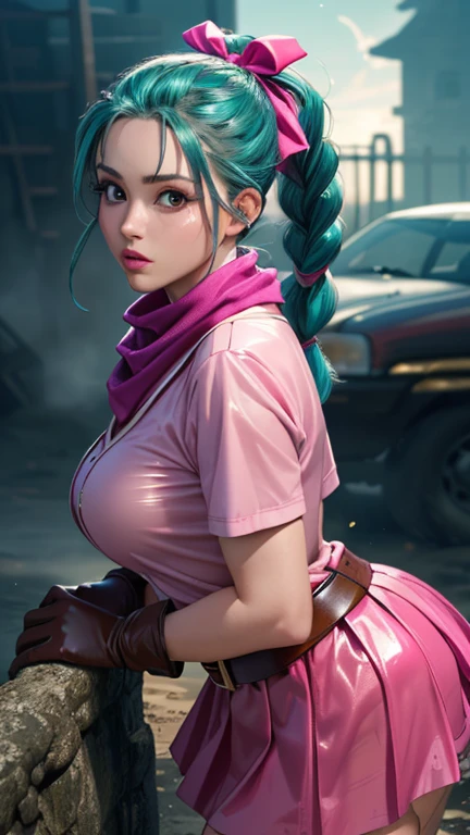 dragon ball, blmpony, aqua hair, hair ribbon, braided ponytail, pink shirt, belt, scarf, pink skirt, clothes writing, brown gloves, medium breasts, in back pose, back wards looking camera, smile, show her booty, show ass, ultra mini pink skirt