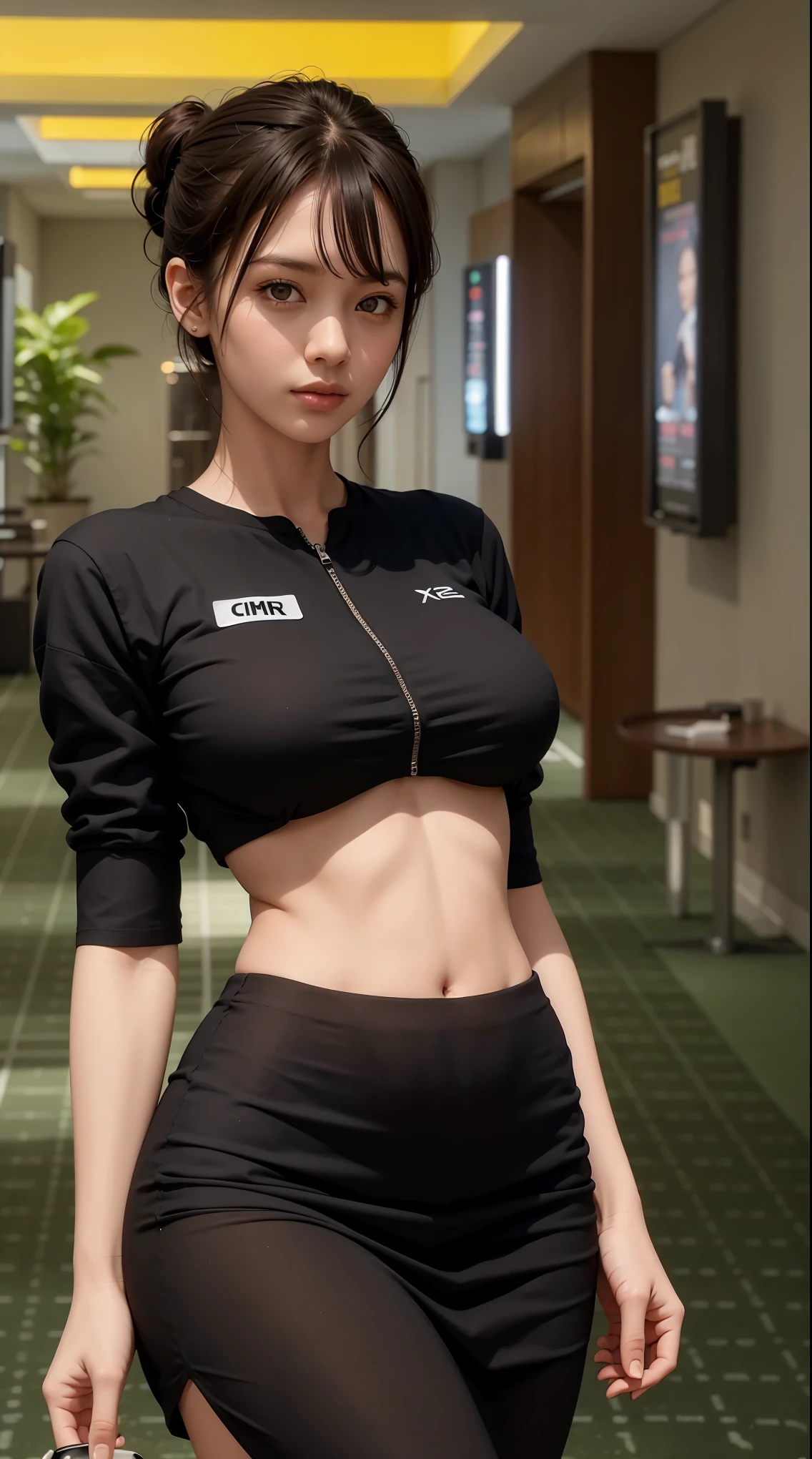 ((best quality)), absurdres, (ultra high res), a mature woman in crop top, long sleeves, underboob, perfect female body, looking at viewer, realistic, extremely detailed, 8k , masterpiece, <lora:croptopR:0.77>