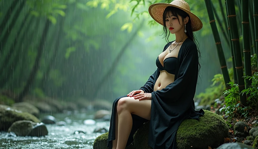 charismatic, topless, thong, leather long boots, slender, camping, close up, sitting model pose, river, torch, night, extremely detailed eyes, extremely detailed face, best quality, extremely detailed, one person, one girl, ultra-detailed, (realistic, photo-realistic:1.3)