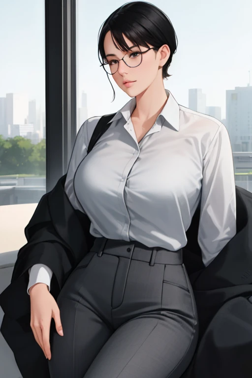 1girl, wearing stylish executive clothes, voluptuous, sensual, short black hair, gray outfit, haughty, eyeglass, best quality, ultra-detailed, semi-realistic, detailed facial features, masterpiece