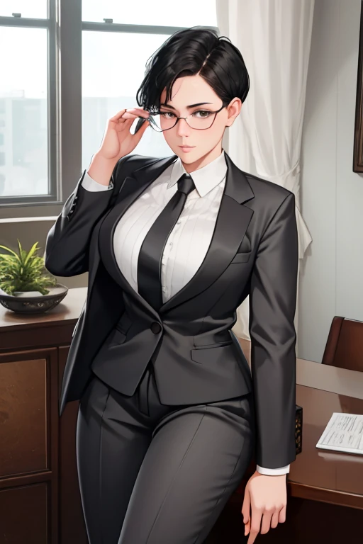 1girl, wearing stylish executive clothes, voluptuous, sensual, short black hair, gray outfit, haughty, eyeglass, best quality, ultra-detailed, semi-realistic, detailed facial features, masterpiece