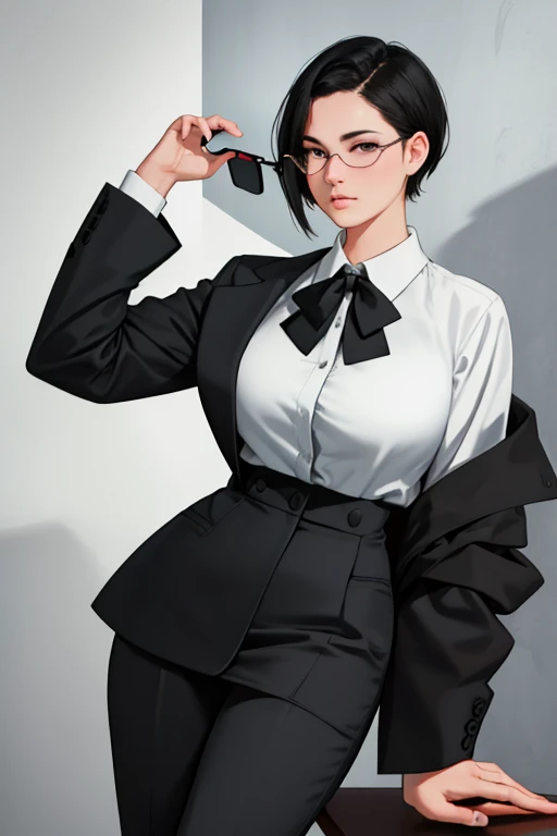 1girl, wearing stylish executive clothes, voluptuous, sensual, short black hair, gray outfit, haughty, eyeglass, best quality, ultra-detailed, semi-realistic, detailed facial features, masterpiece