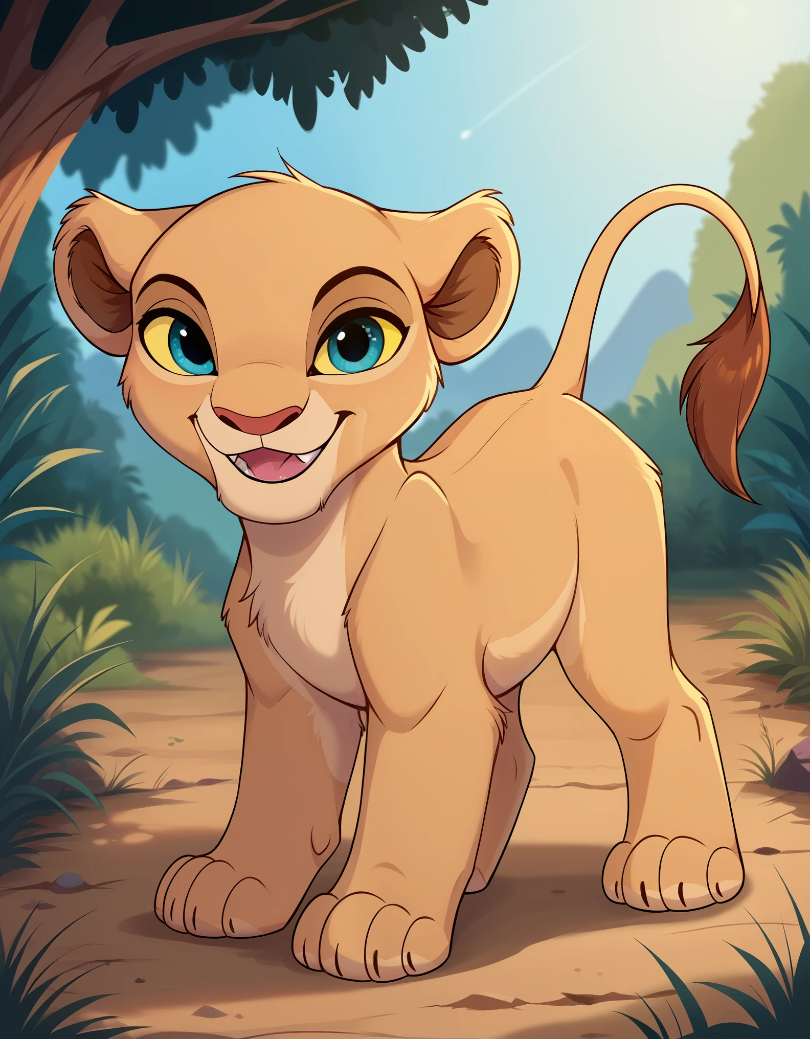 score_9, score_8_up, score_7_up,  rating_safe, source_furry,  yngnaa, solo,  disney, the lion king, lioness, young nala, nala, feral, cartoon, smile, parted lips, blue eyes, yellow sclera, standing, solo, cute, feral, 4 toes, paws, blue eyes, lidded eyes, cub, smile, open mouth, fang, white teeth, playful, looking at viewer, dewclaw,, bedroom eyes, raised tail, MagnaLuna