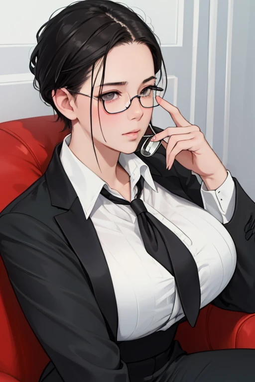 NSFW, masterpiece, best quality, ultra-detailed, semi-realistic, detailedfacialfeatures, 1girl,wearing stylish executive clothes,voluptuous,Sensual,short black hair,gray outfit,haughty,eyeglass