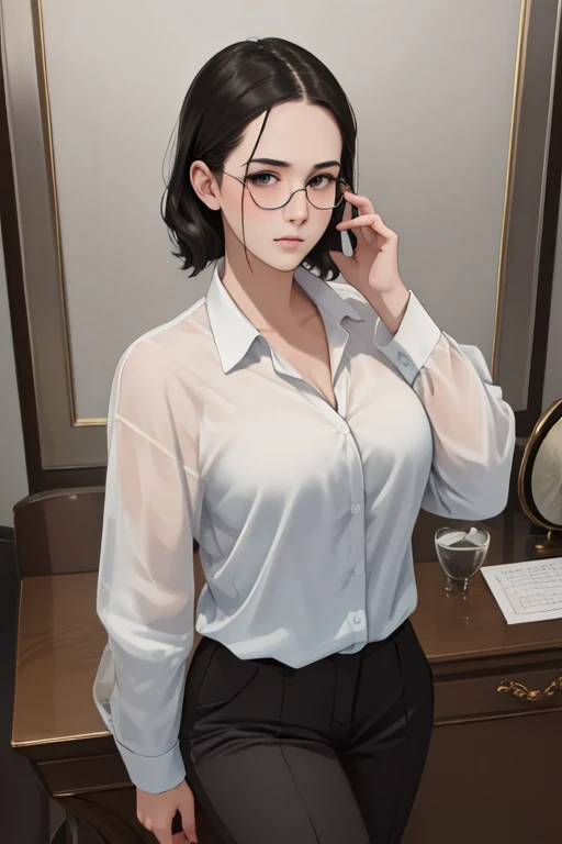 NSFW, masterpiece, best quality, ultra-detailed, semi-realistic, detailedfacialfeatures, 1girl,wearing stylish executive clothes,voluptuous,Sensual,short black hair,gray outfit,haughty,eyeglass