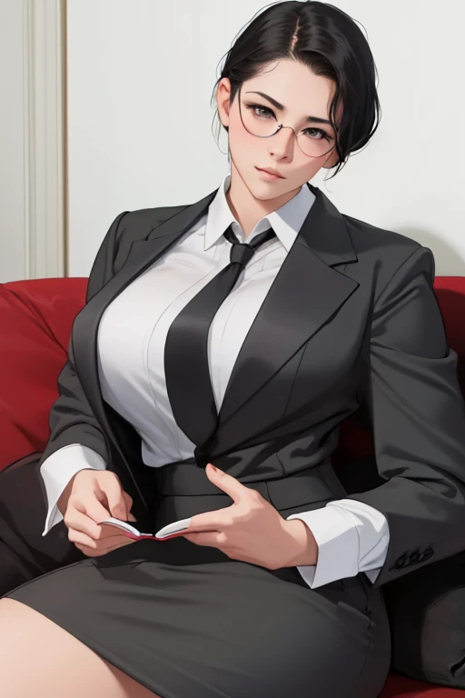 NSFW, masterpiece, best quality, ultra-detailed, semi-realistic, detailedfacialfeatures, 1girl,wearing stylish executive clothes,voluptuous,Sensual,short black hair,gray outfit,haughty,eyeglass