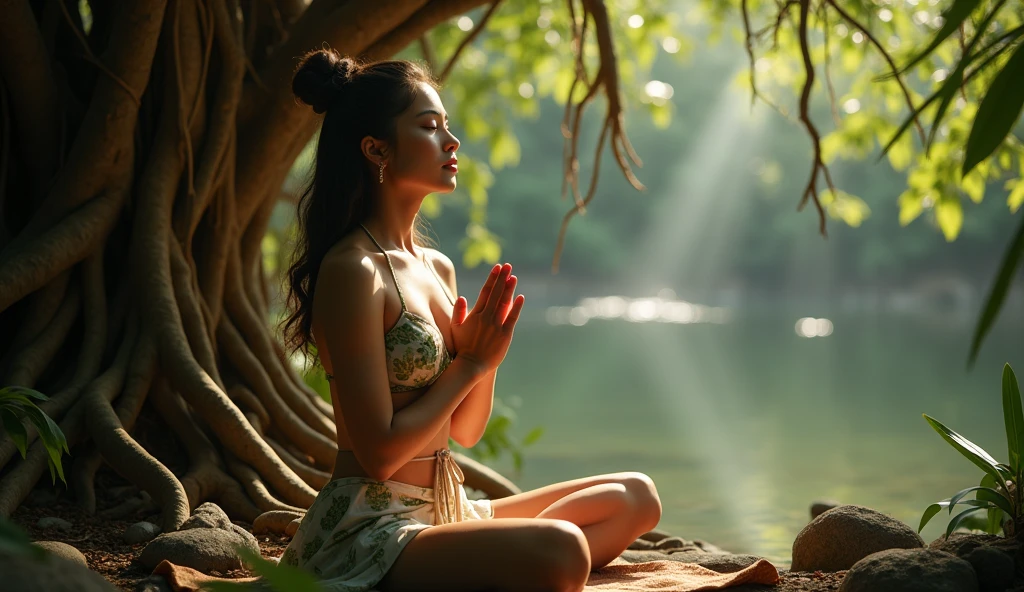 (Highest quality,4K,High resolution,masterpiece:1.2),Super detailed,(Realistic,photoRealistic,photo-Realistic:1.37),Person meditating in a zen garden,Peaceful and calm atmosphere,Lush, beautifully landscaped gardens,wood々Golden sunlight shining between,Natural elements such as rocks and bodies of water,A tranquil pond filled with colorful koi carp,,Petals floating gently in the sky,The gentle sound of wind chimes in the background,Harmony between nature and the human spirit,Calm expression on a person's face,Deep meditation posture,Close your eyes and place your hands on your lap,A soft ray of light illuminating a person's face,The scent of incense lingers in the air,The faint scent of blooming flowers,A sense of inner peace and serenity,Promotes mental well-being、Charming and relaxed atmosphere,Zen minimalist art style,A subtle color palette of green and pink hues,Overall a warm and relaxed atmosphere,Gentle natural light creating soft shadows.