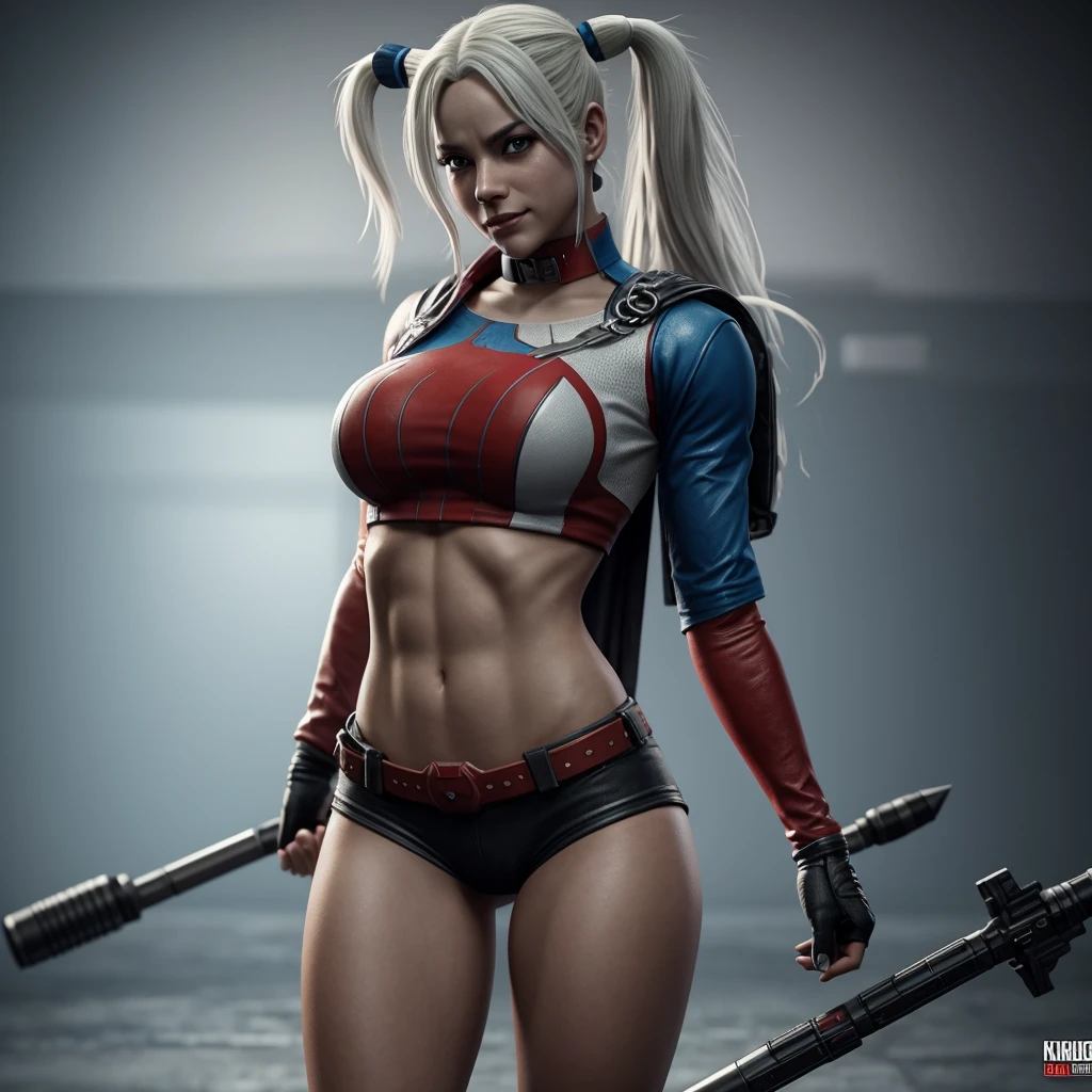 Cinematic soft lighting illuminates a stunningly detailed and ultra-realistic Harley Quinn bodybuilder, muscular, super strong, that is trending on ArtStation. Octane is the perfect tool to capture the softest details of this 16k photography masterpiece