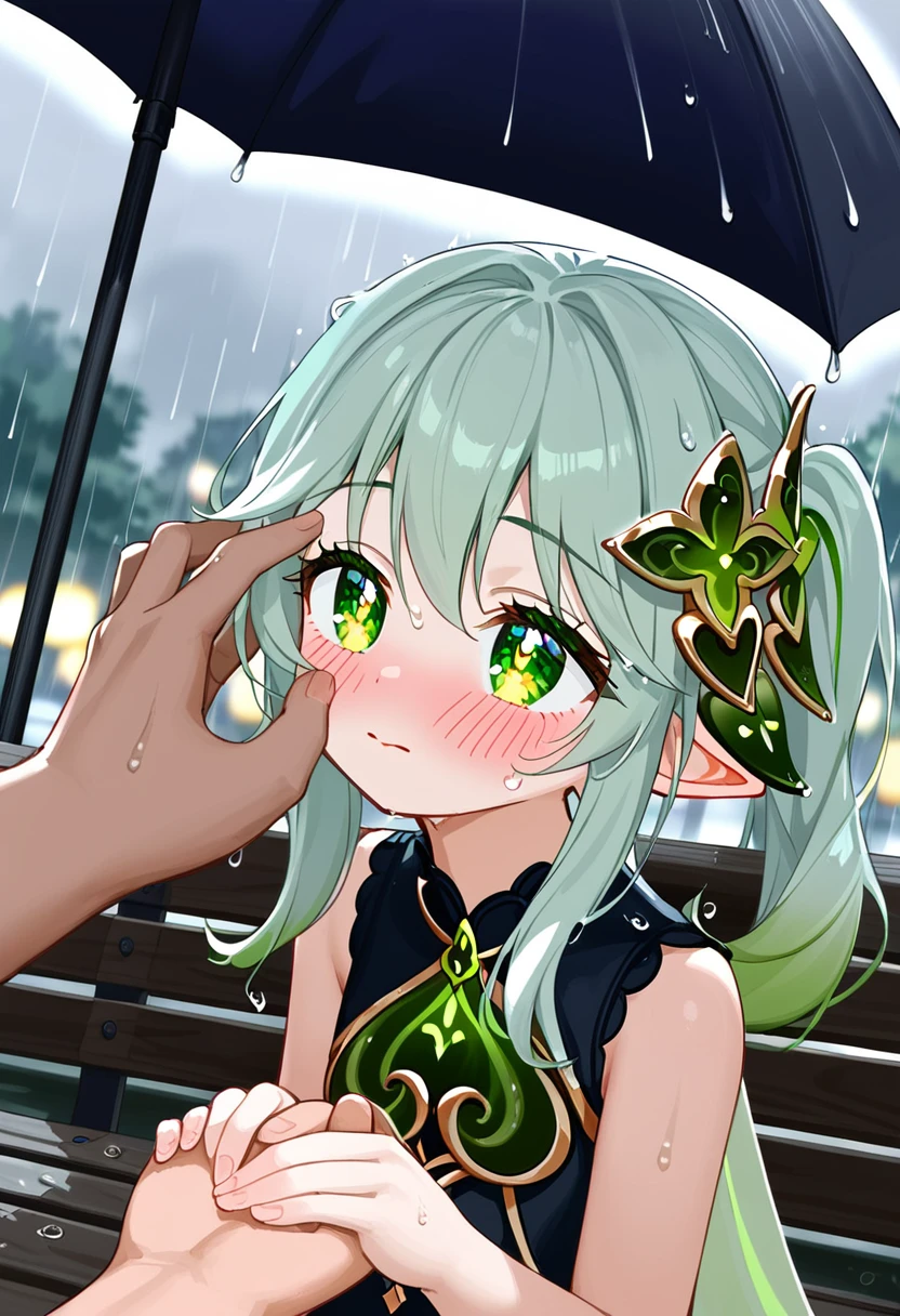 anime girl Nahida, sitting on a bench, in the rain, wet, a man's hand holds an umbrella over her, she is a little embarrassed, blushing, looking up, on a dark street, many purple bright lanterns around, green hair, close-up