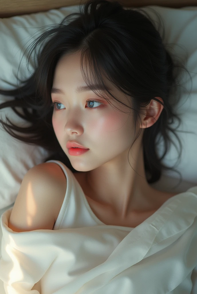 Anime-style female character,futuristic cybernetic enhancements,mechanical arm,blue hair with ombre effect,teary-eyed expression, questioning gaze,digital art,painting,hospital scene,woman patient,lying down,IV drip,medical equipment,hospital bed,bandage on head,unconscious,tube insertion,emergency care,indoor,somber mood,low lighting,shadow and light play,medical monitor,hospital room,pillow,overhead perspective,health care setting,serious condition,life support,contemporary art,realism style,emotional impact,dark tones,medical drama theme,delicate facial features,fair skin,white futuristic armor,chest harness, Break Raw,16K,ultra high res,cinematic shot,twilight lighting,volumetric lighting,dramatic lighting,(sharp focus,photorealistic,realism,depth_of_field:1.5),