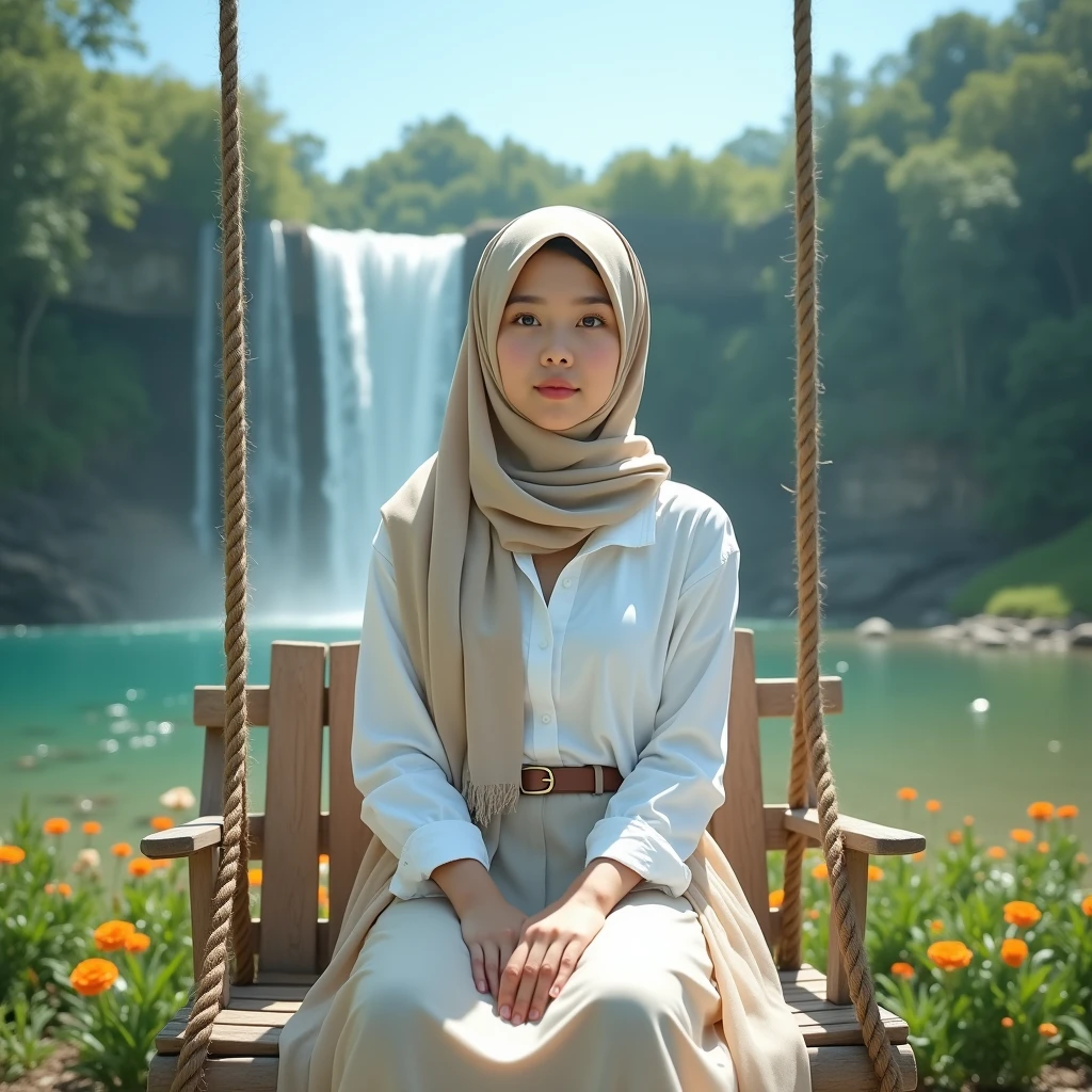 A portrait of a 17-year-old Russian girl wearing a modest and covered hijab, Wearing glasses,and a trendy abaya dress, made of brown brocade and silk,is on a boat in the middle of the lake and a beautiful waterfall can be seen flowing,in a calm and peaceful atmosphere 