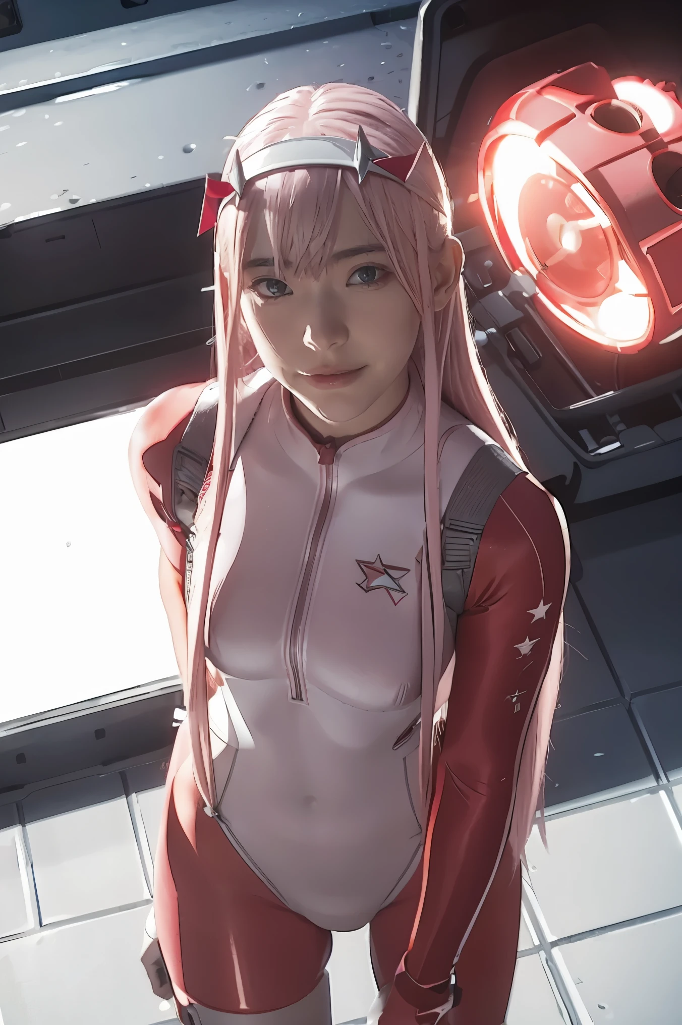(Overhead view),dynamic angle,ultra-detailed, illustration, straight on, 1girl, ((Zero two, interface headband with a pair of horns, red bodysuit:1.4, pink hair)), Her eyes shone like dreamy stars,(glowing eyes:1.233),(beautiful and detailed eyes:1.1),(expressionless, closed mouth),(standing), (mechanic room with tools and spaceship window in a white SPACESHIP), (night:1.2), dreamy, [[delicate fingers and hands:0.55]::0.85],(detail fingers), smirk,