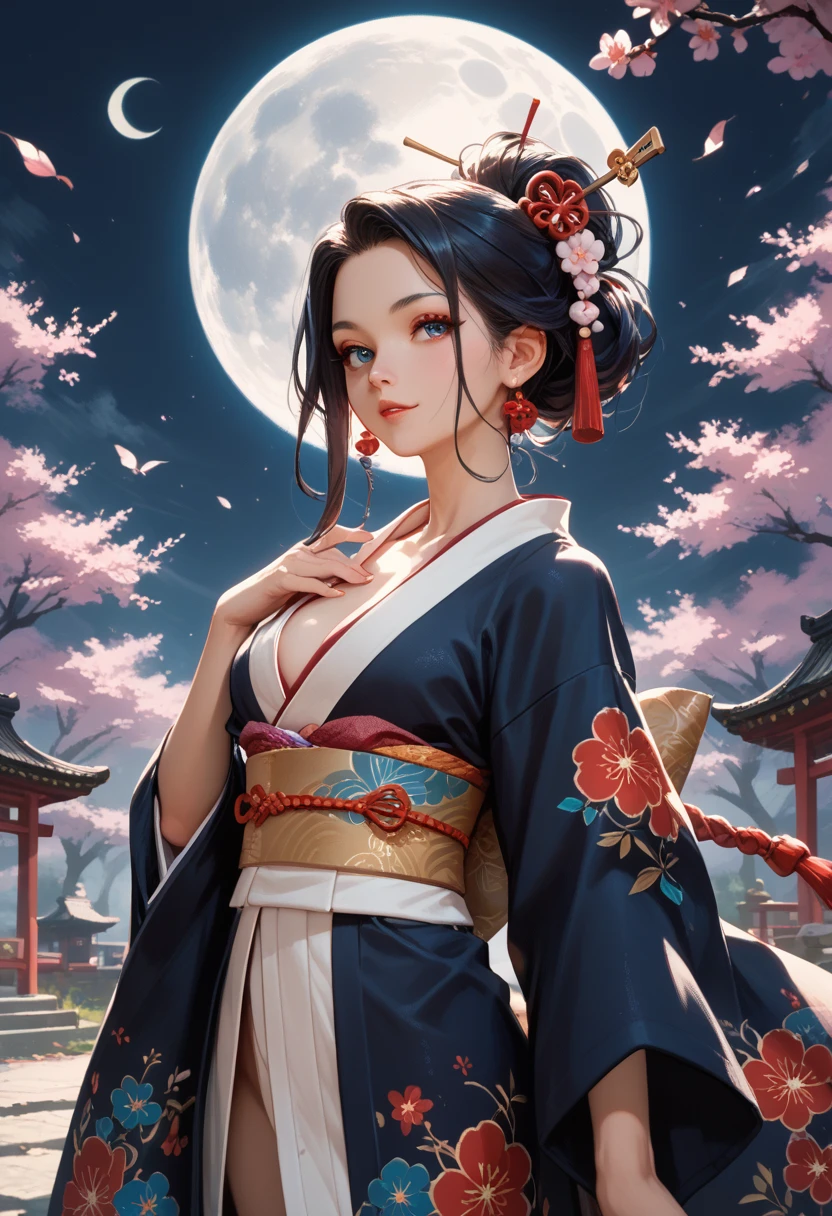 best quality, high_resolution, distinct_image, detailed background ,girl, hanbok,flower,garden,moon, night, cleavage, loose fit